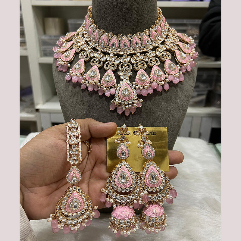 Hira Collections Gold Plated Kundan Stone And Pearls Meenakari Choker Necklace Set