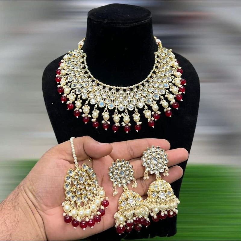 Hira Collections Gold Plated Kundan Stone And Pearls Choker Necklace Set