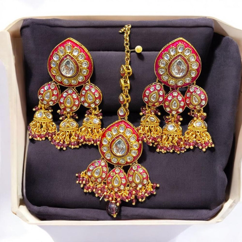 Hira Collections Gold Plated Kundan Stone And Meenakari Jhumki With Maangtikka