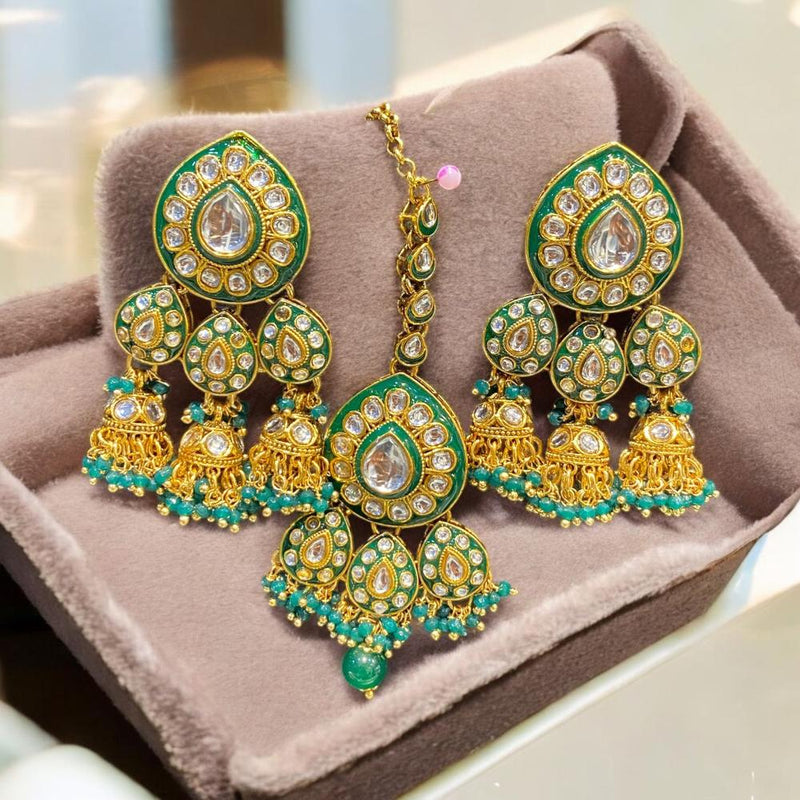 Hira Collections Gold Plated Kundan Stone And Meenakari Jhumki With Maangtikka