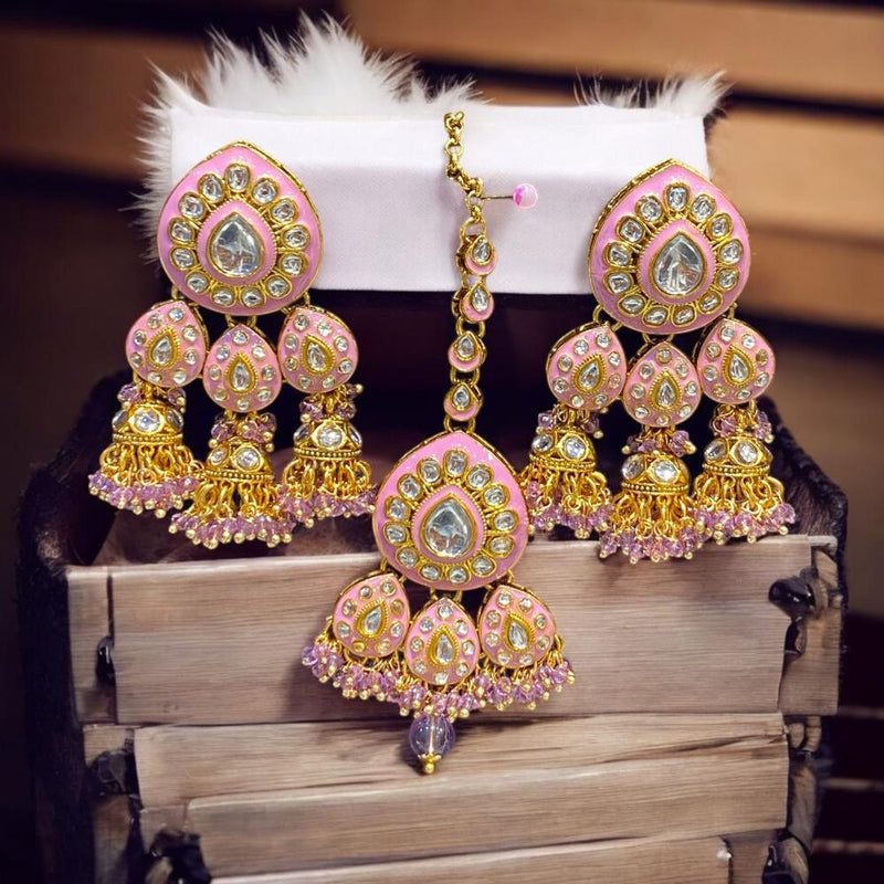 Hira Collections Gold Plated Kundan Stone And Meenakari Jhumki With Maangtikka