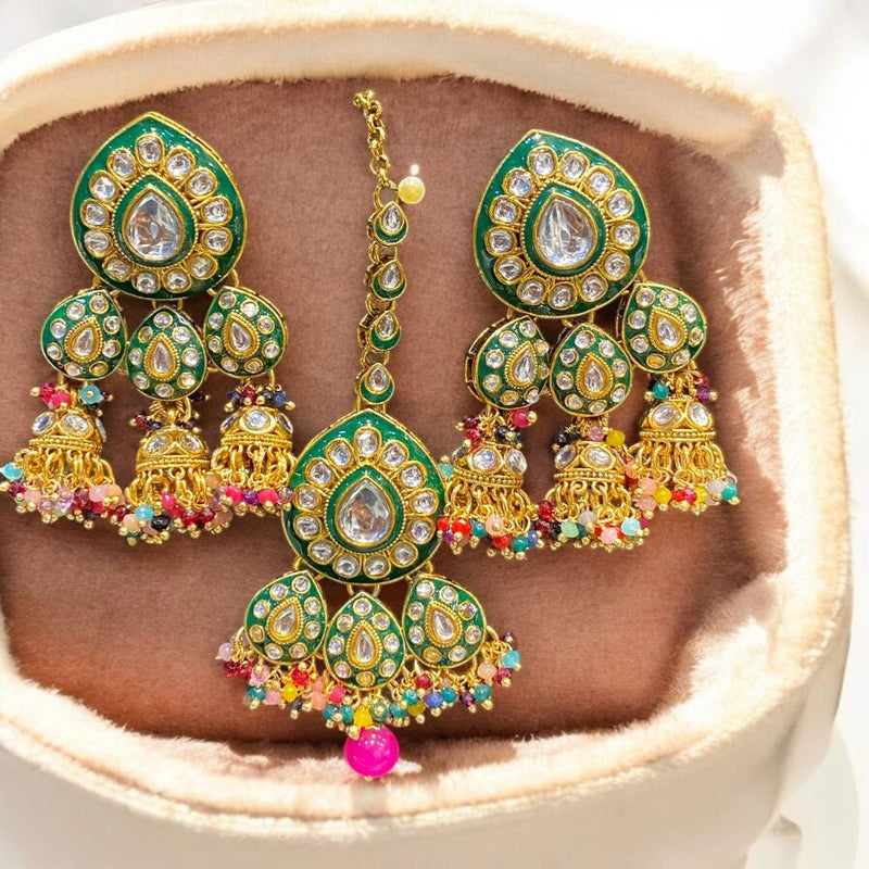 Hira Collections Gold Plated Kundan Stone And Meenakari Jhumki With Maangtikka