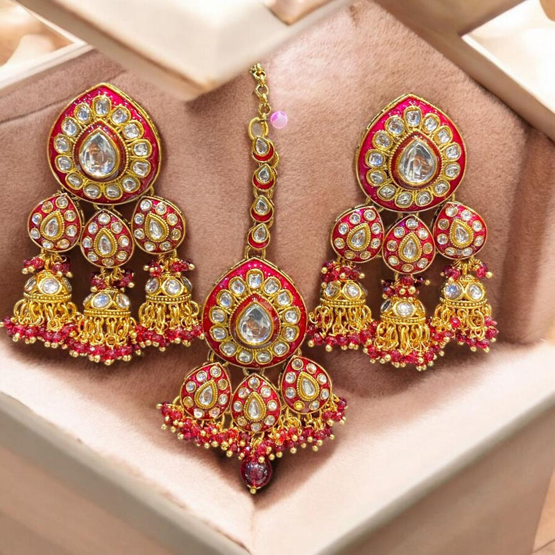 Hira Collections Gold Plated Kundan Stone And Meenakari Jhumki With Maangtikka