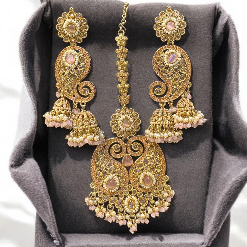 Hira Collections Gold Plated Crystal Stone And Pearls Jhumki Earrings With Maangtikka