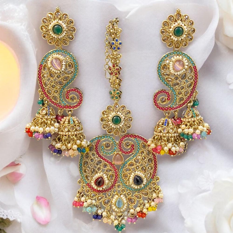 Hira Collections Gold Plated Crystal Stone And Pearls Jhumki Earrings With Maangtikka