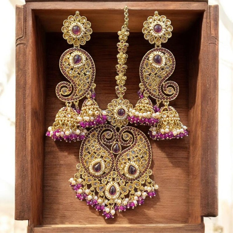 Hira Collections Gold Plated Crystal Stone And Pearls Jhumki Earrings With Maangtikka