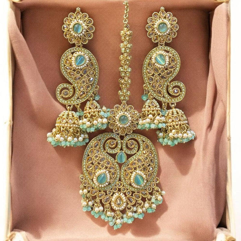 Hira Collections Gold Plated Crystal Stone And Pearls Jhumki Earrings With Maangtikka