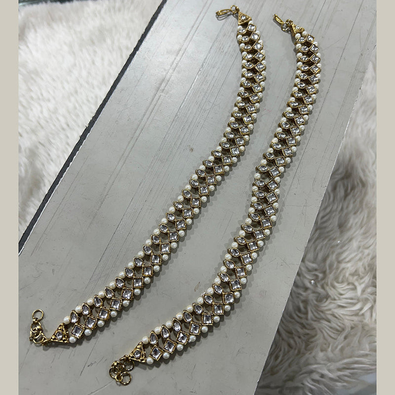 Hira Collections Gold Plated Kundan Stone Beads And Pearls Payal Anklets