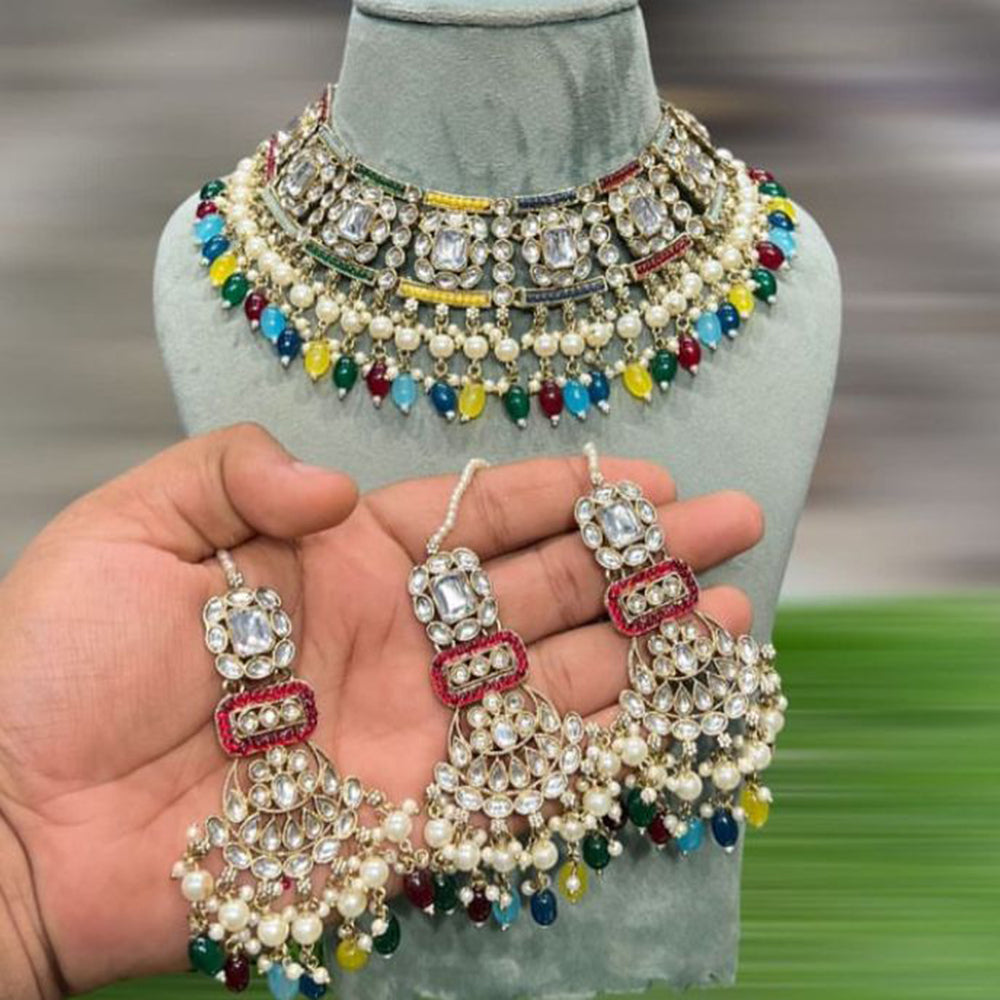 Hira Collection Gold Plated Kundan Stone And Beads Necklace Set
