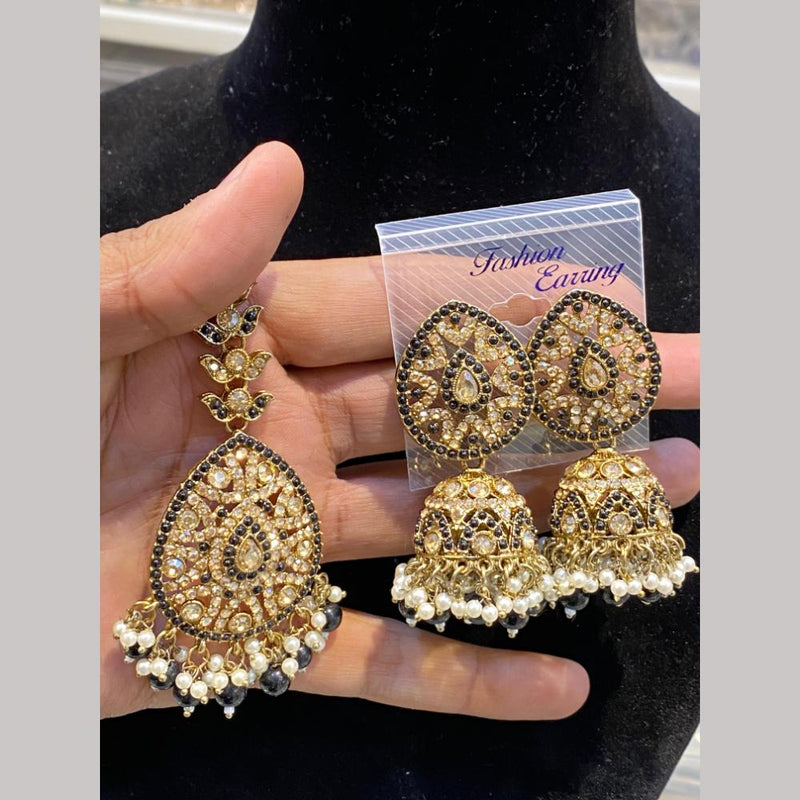 Hira Collections Gold Plated Crystal Stone And Pearls Jhumki Earrings With Maangtikka