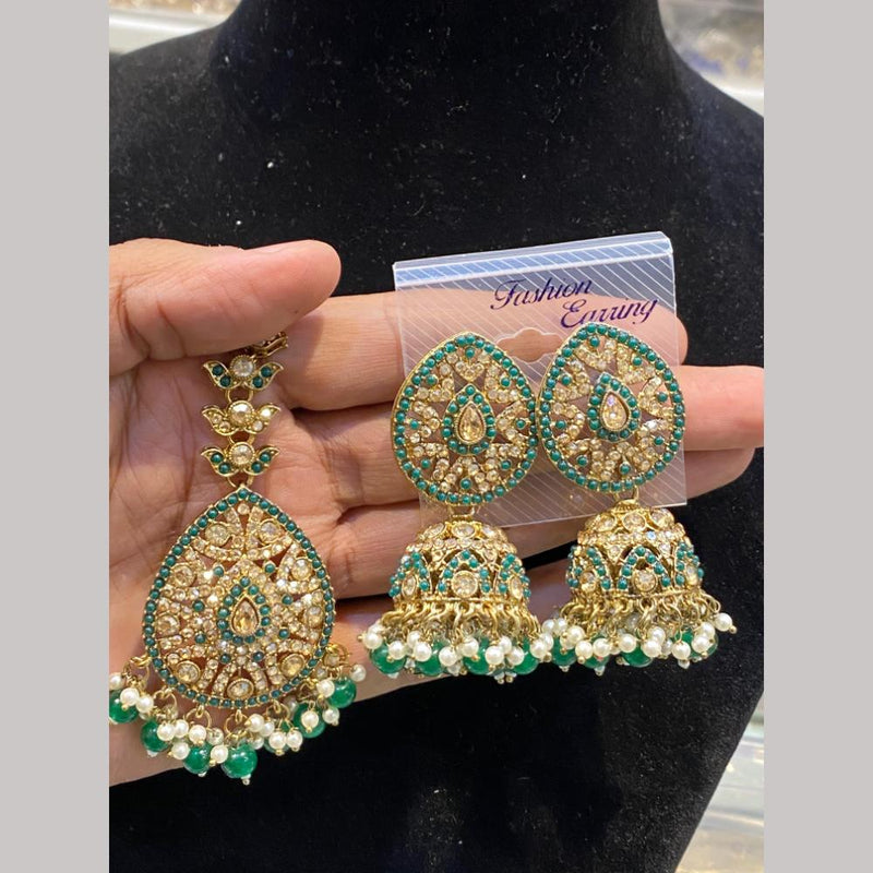 Hira Collections Gold Plated Crystal Stone And Pearls Jhumki Earrings With Maangtikka