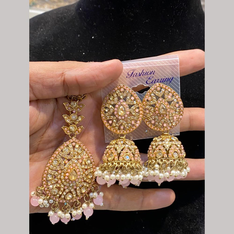 Hira Collections Gold Plated Crystal Stone And Pearls Jhumki Earrings With Maangtikka