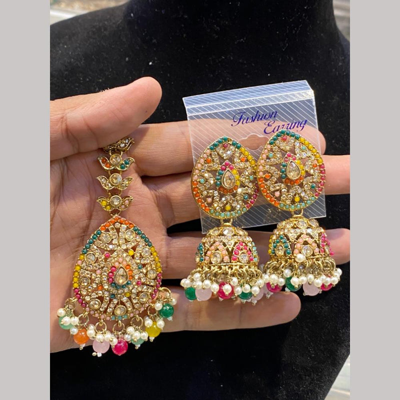 Hira Collections Gold Plated Crystal Stone And Pearls Jhumki Earrings With Maangtikka