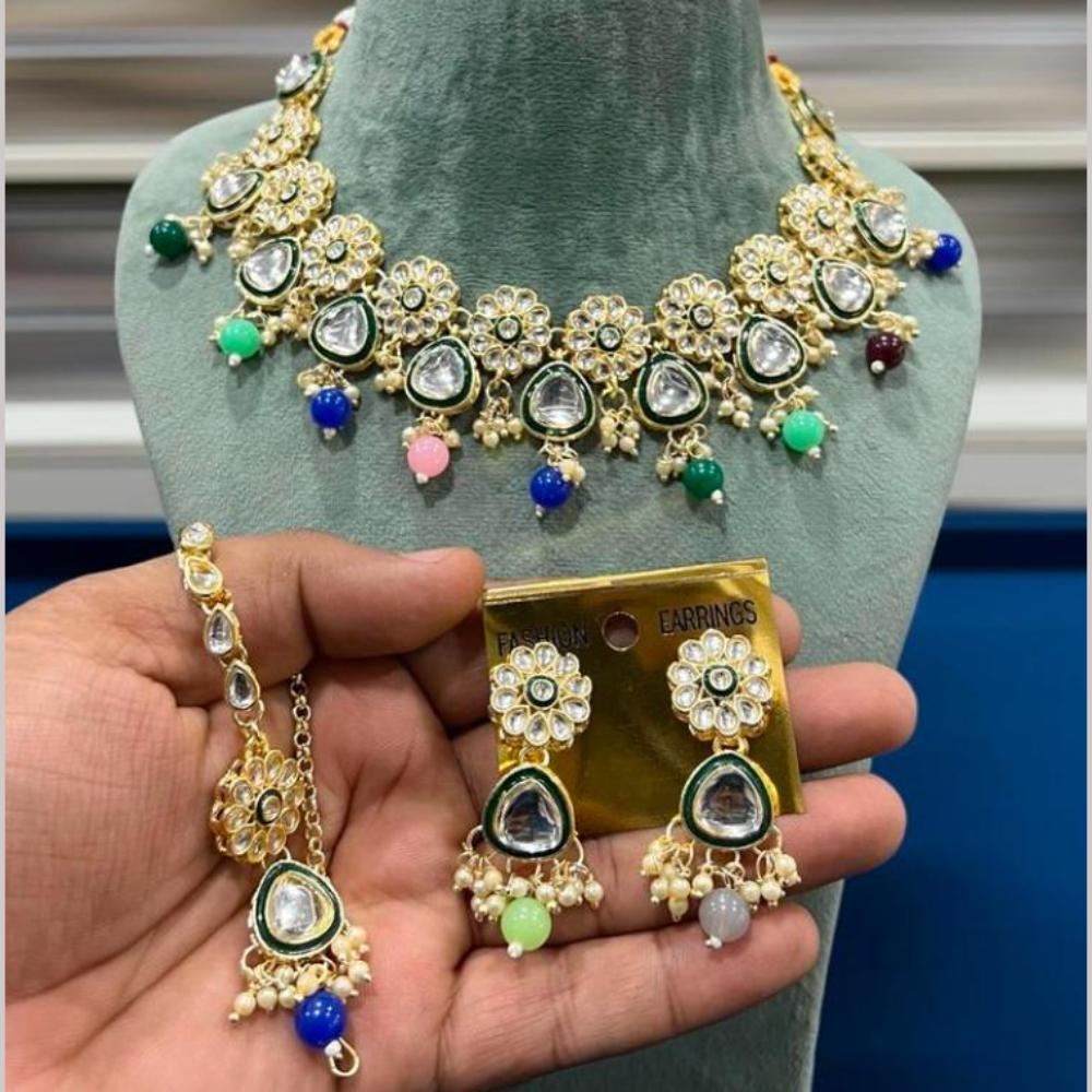 Hira Collection Gold Plated Kundan Stone And Beads Necklace Set