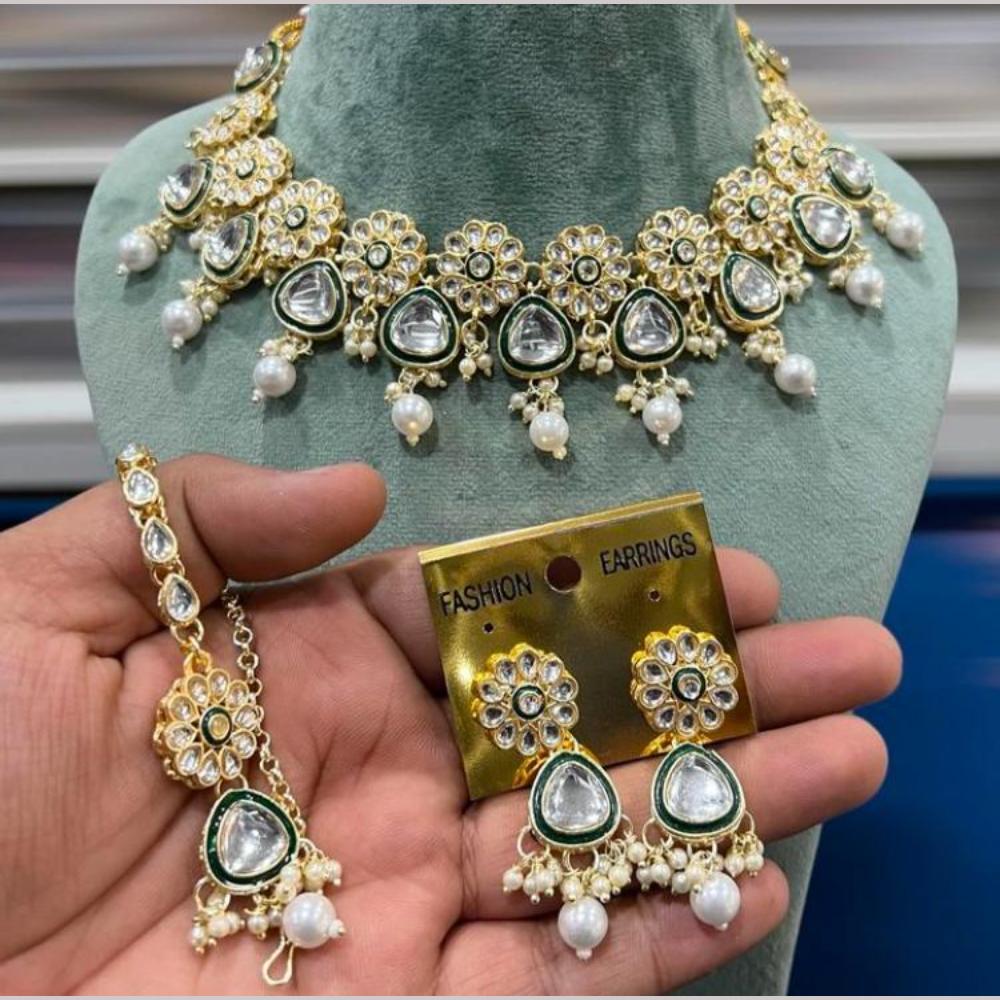 Hira Collection Gold Plated Kundan Stone And Beads Necklace Set