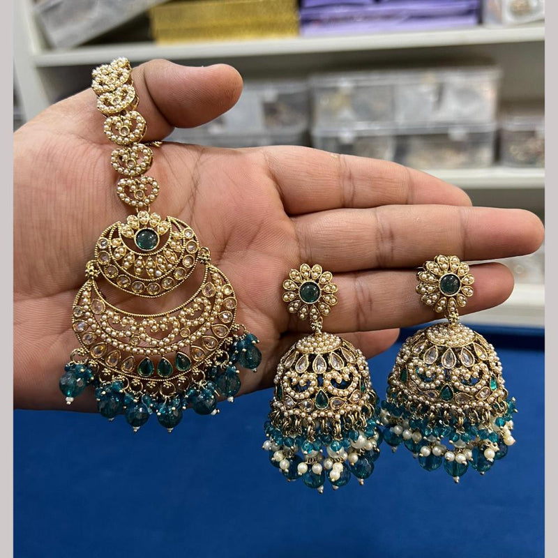 Hira Collections Gold Plated Crystal Stone And Pearls Jhumki Earrings With Maangtikka