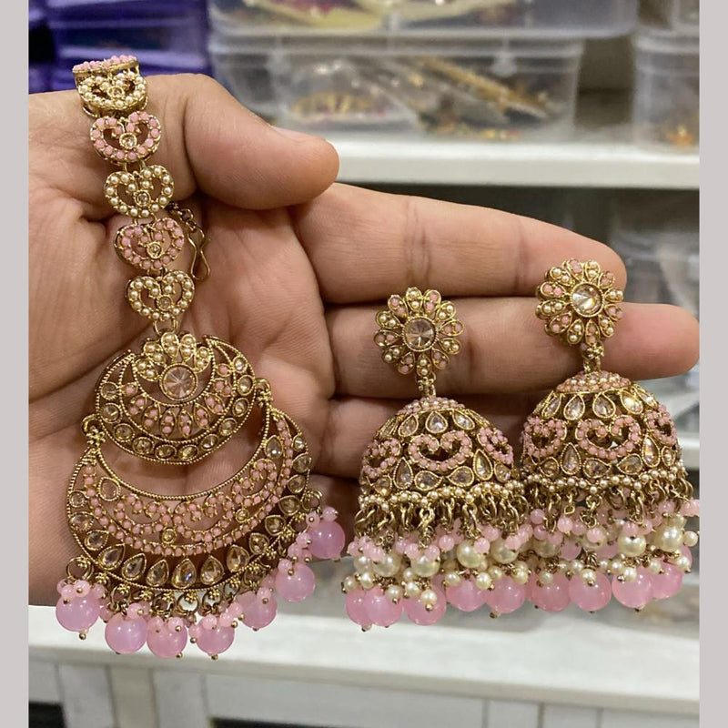 Hira Collections Gold Plated Crystal Stone And Pearls Jhumki Earrings With Maangtikka