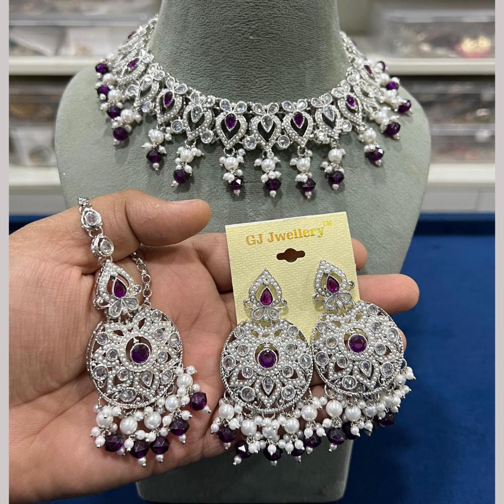 Hira Collections Silver Plated Crystal Stone And Beads Necklace Set