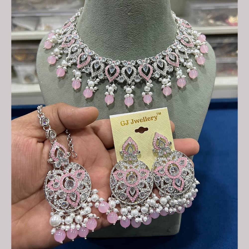 Hira Collections Silver Plated Crystal Stone And Beads Necklace Set