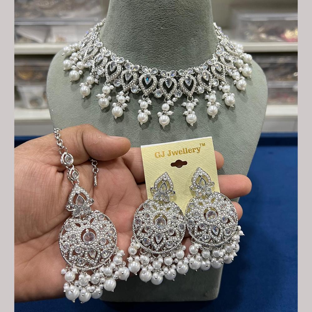 Hira Collections Silver Plated Crystal Stone And Beads Necklace Set