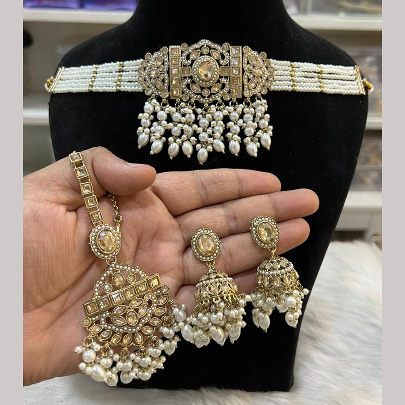 Hira Collections Gold Plated Crystal Stone And Pearls Choker Necklace Set