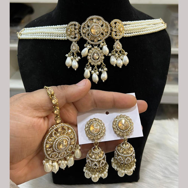 Hira Collections Gold Plated Crystal Stone And Pearls Choker Necklace Set