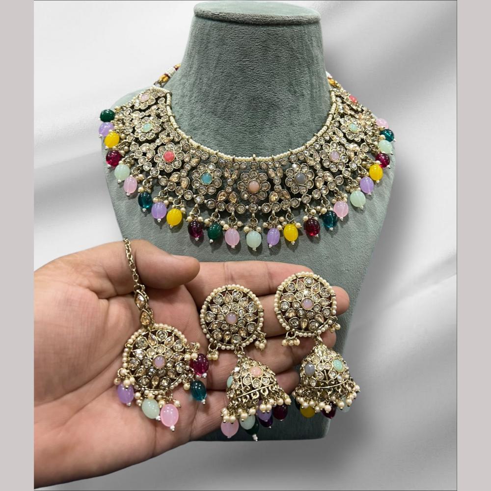 Hira Collections Gold Plated Crystal Stone And Beads Necklace Set