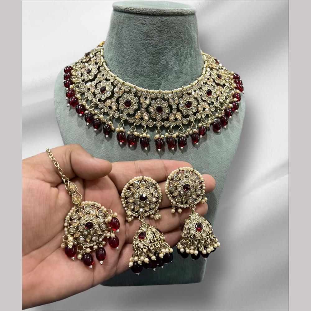 Hira Collections Gold Plated Crystal Stone And Beads Necklace Set