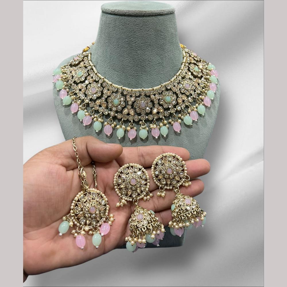 Hira Collections Gold Plated Crystal Stone And Beads Necklace Set