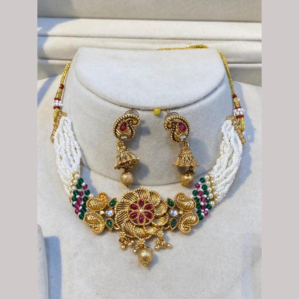 Hira Collections Gold Plated Pota Stone And Pearls Choker Necklace Set