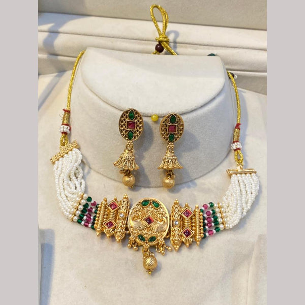 Hira Collections Gold Plated Pota Stone And Pearls Choker Necklace Set