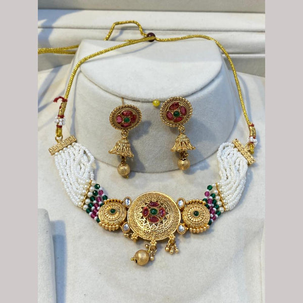 Hira Collections Gold Plated Pota Stone And Pearls Choker Necklace Set