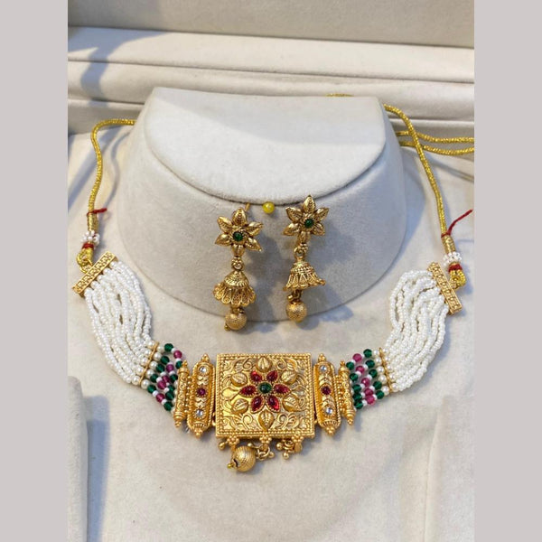 Hira Collections Gold Plated Pota Stone And Pearls Choker Necklace Set