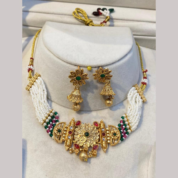 Hira Collections Gold Plated Pota Stone And Pearls Choker Necklace Set