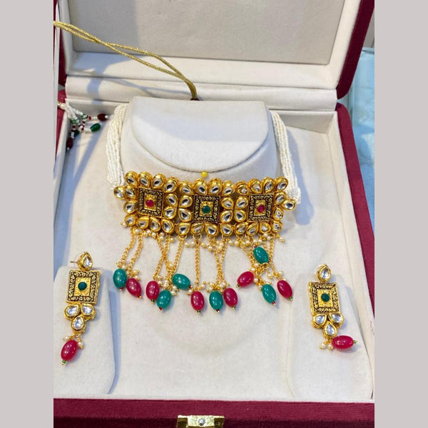 Hira Collections Gold Plated Kundan Stone And Beads Choker Necklace Set