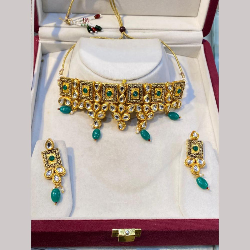 Hira Collections Gold Plated Kundan Stone And Beads Choker Necklace Set