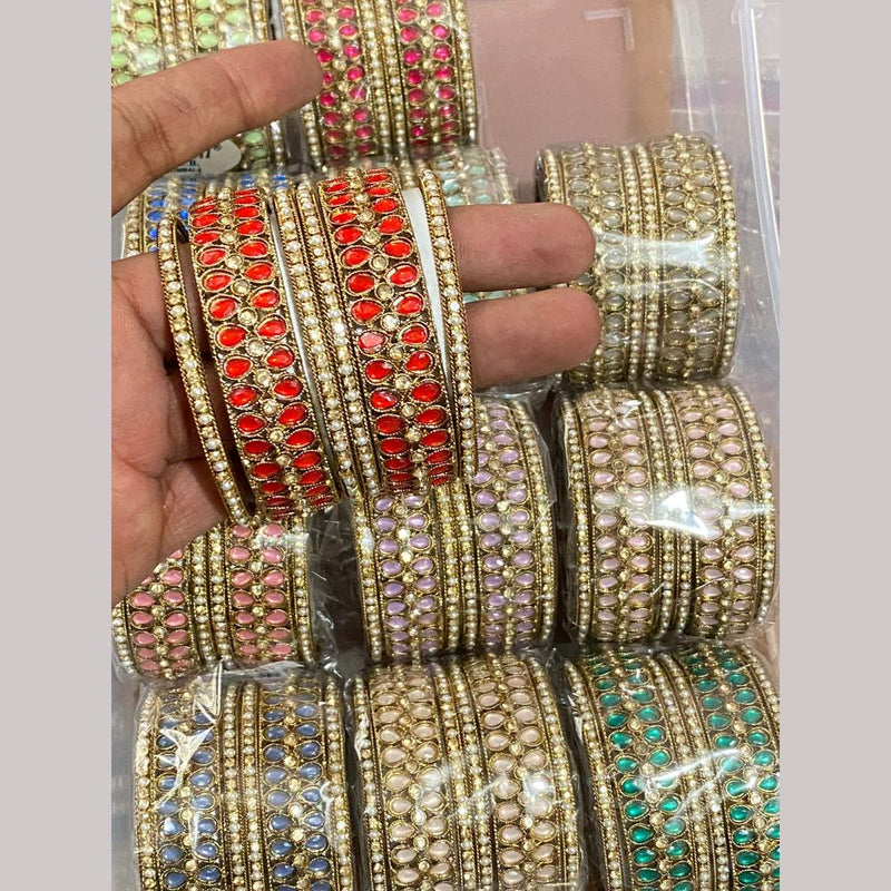 Hira Collections Gold Plated  Pota Stone (12 Set) Mix Color Bangle Set