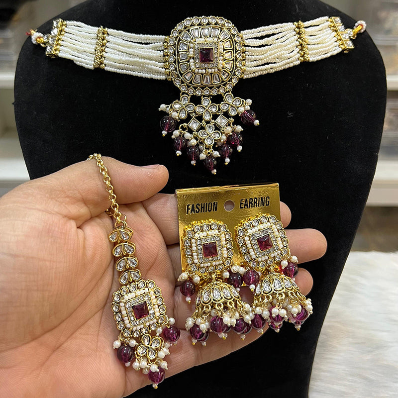 Hira Collections Gold Plated Kundan And Beads Pearl Choker Necklace Set