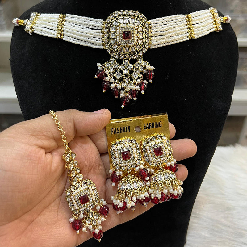 Hira Collections Gold Plated Kundan And Beads Pearl Choker Necklace Set