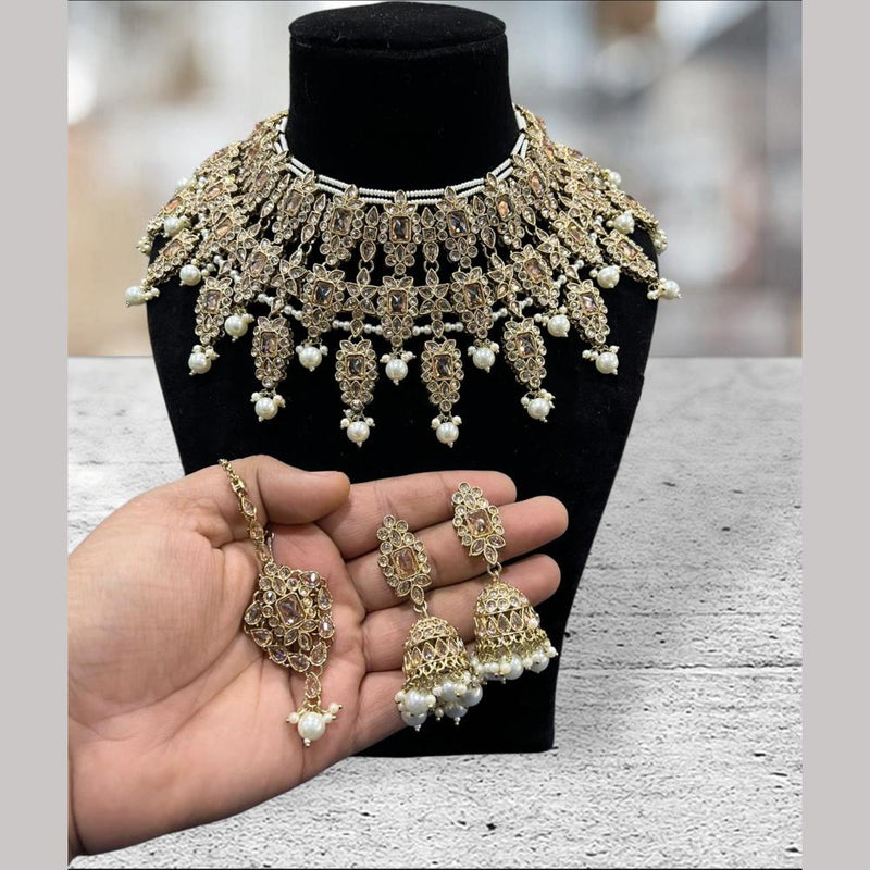 Hira Collections Gold Plated Crystal Stone And Beads Necklace Set