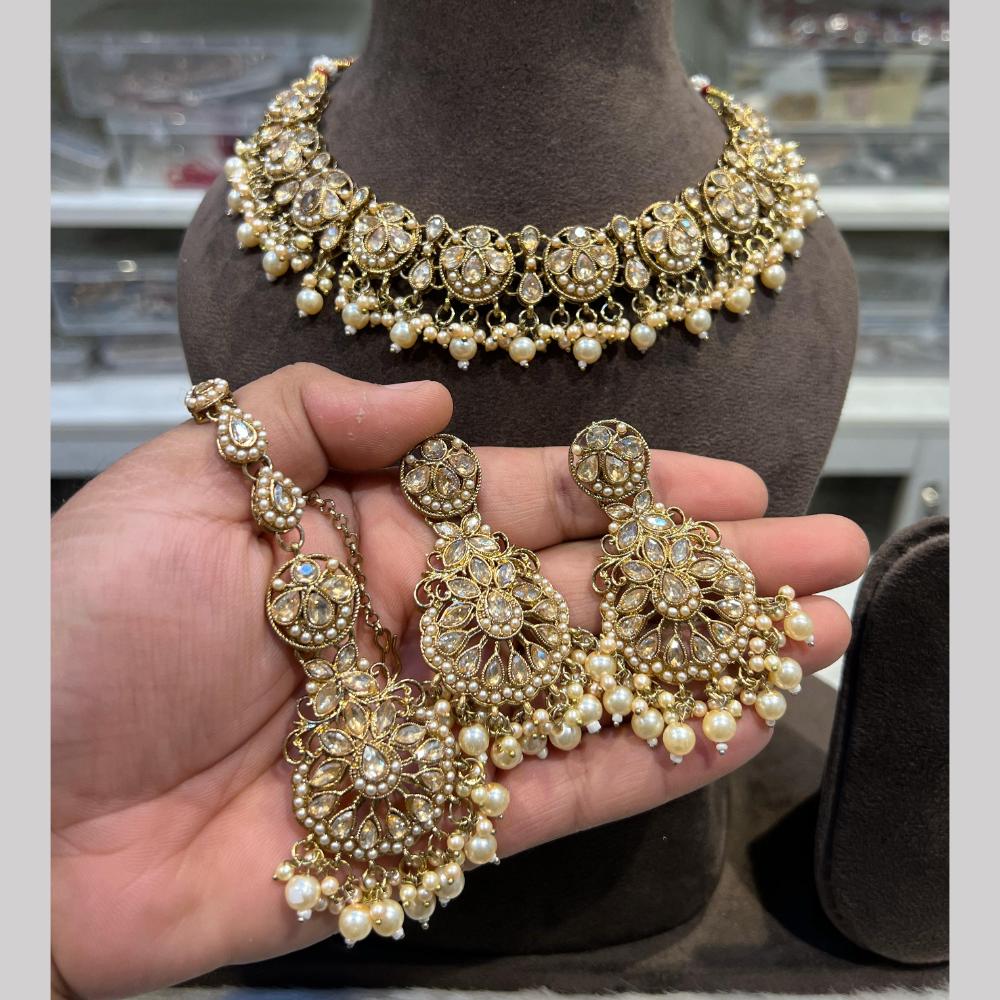 Hira Collections Gold Plated Crystal Stone And Beads Necklace Set