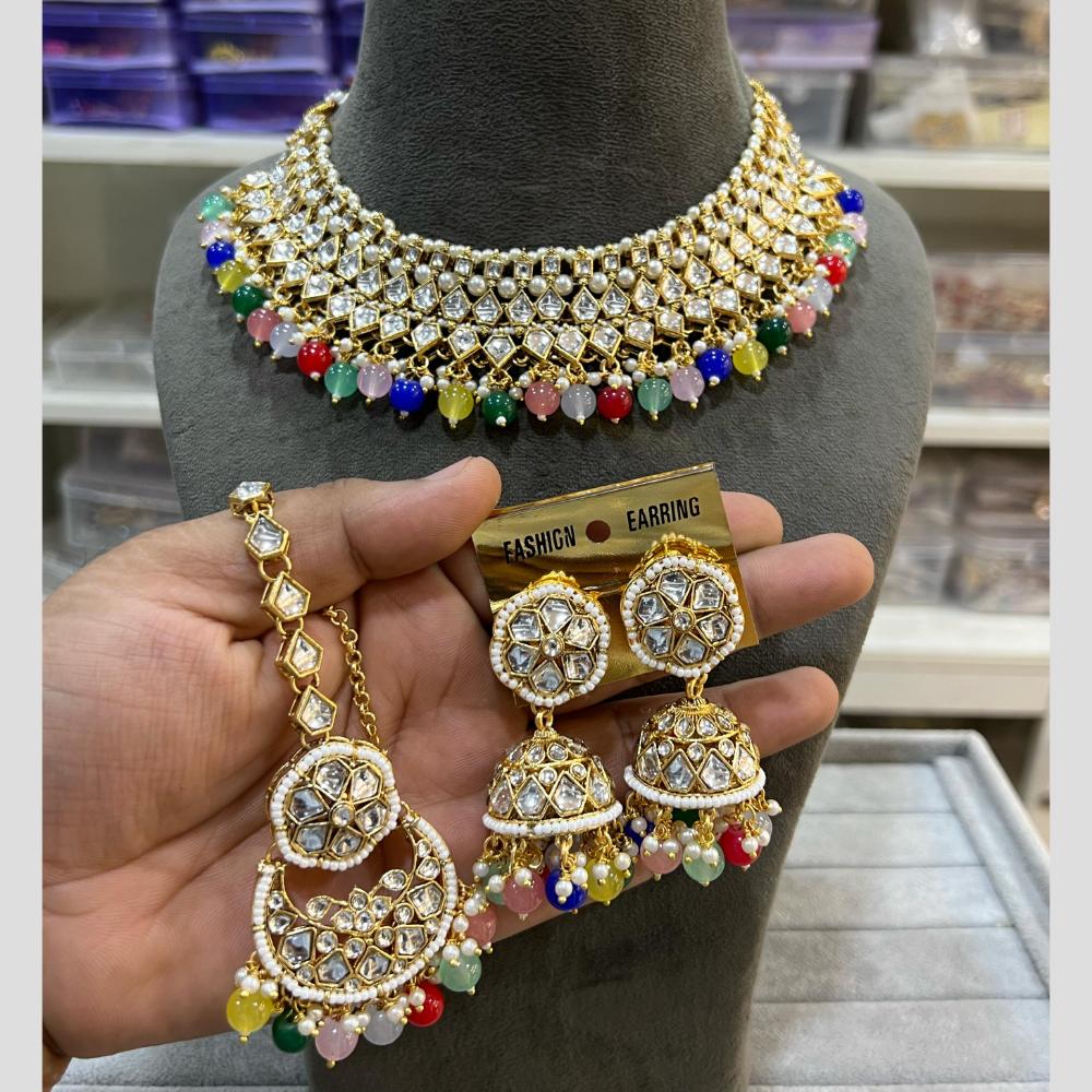 Hira Collections Gold Plated Kundan And Beads Necklace Set