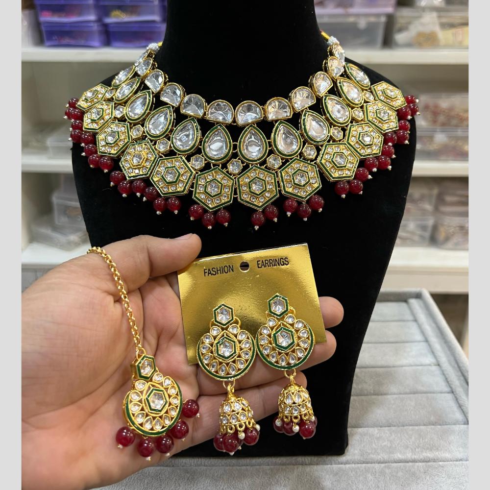 Hira Collections Gold Plated Kundan And Beads Necklace Set