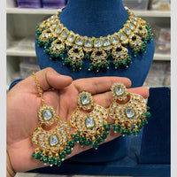 Hira Collections Gold Plated Kundan And Beads Necklace Set
