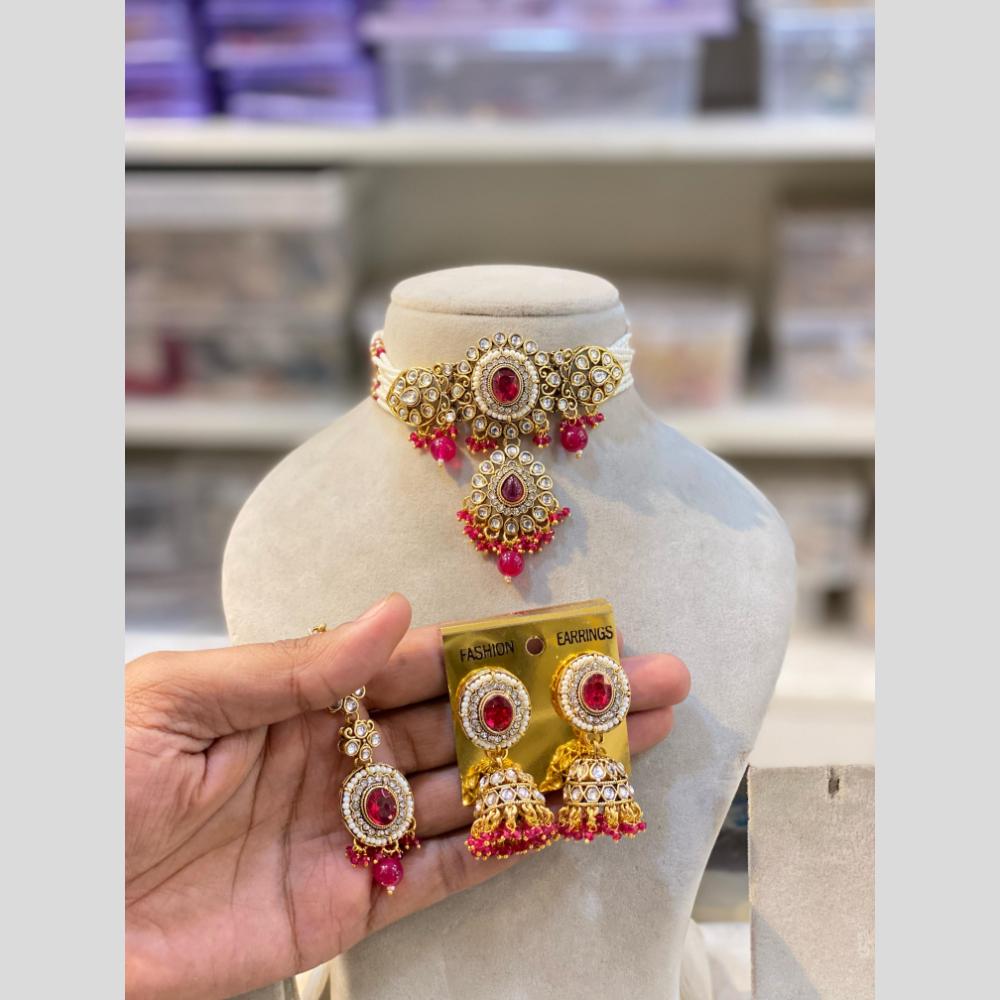 Hira Collection Traditional Gold Plated Kundan & Beaded Choker Necklace Set