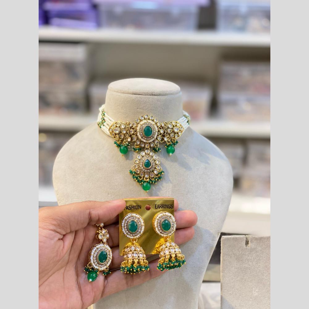 Hira Collection Traditional Gold Plated Kundan & Beaded Choker Necklace Set