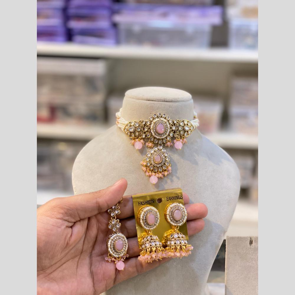 Hira Collection Traditional Gold Plated Kundan & Beaded Choker Necklace Set