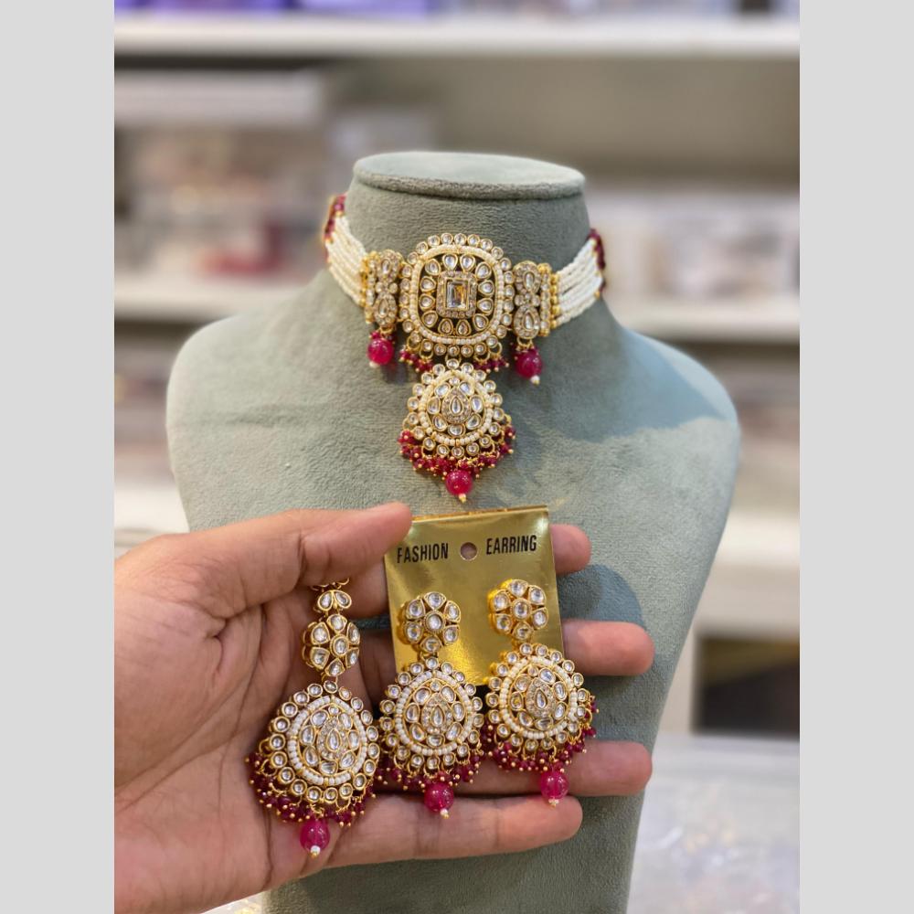 Hira Collection Traditional Gold Plated Kundan & Beaded Choker Necklace Set