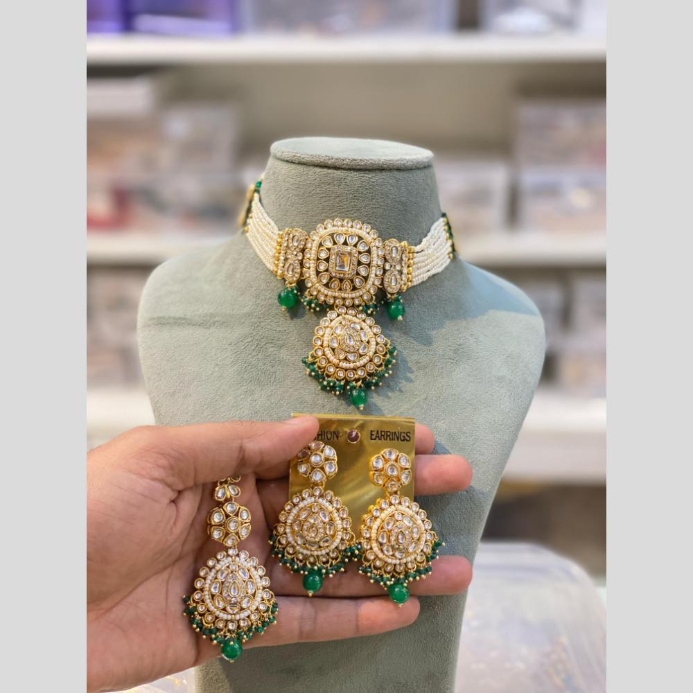 Hira Collection Traditional Gold Plated Kundan & Beaded Choker Necklace Set