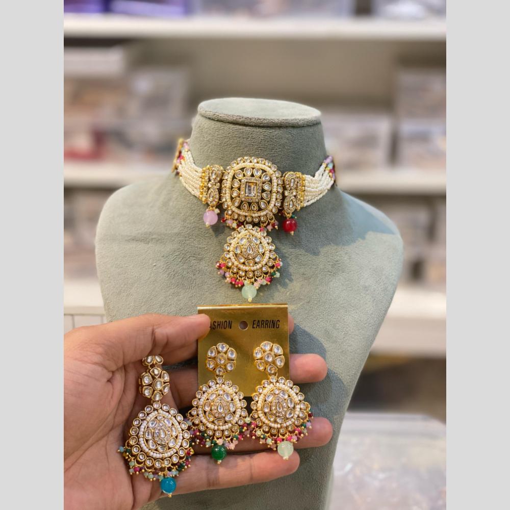 Hira Collection Traditional Gold Plated Kundan & Beaded Choker Necklace Set